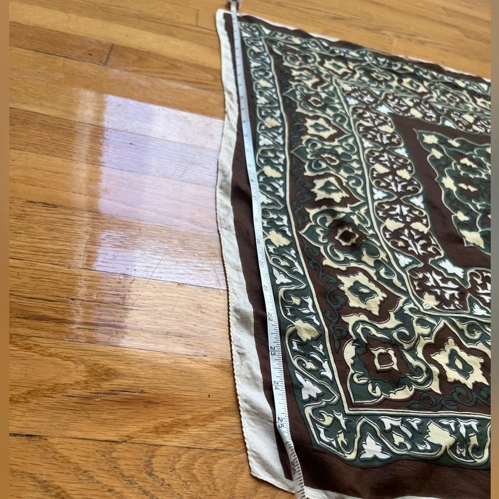 Brown green yellow white pattern square scarf - Picture 3 of 3